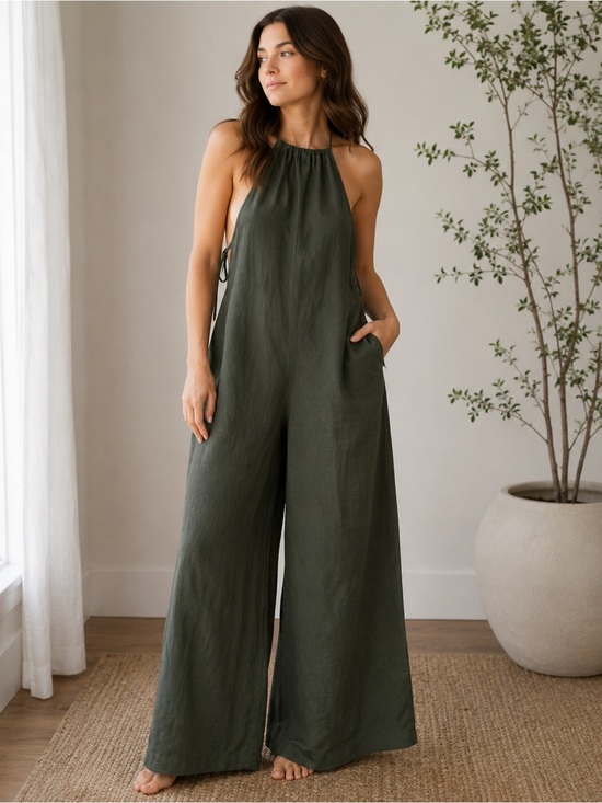 Myrah Penaloza Pants - NWT Myrah Penaloza 100% French Linen wide leg jumpsuit forest green size S M